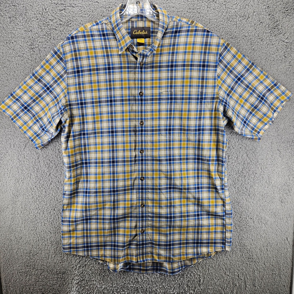 Cabela's Outdoor Gear Mens Short Sleeve Yellow Blue Plaid Shirt Sz L Button Down